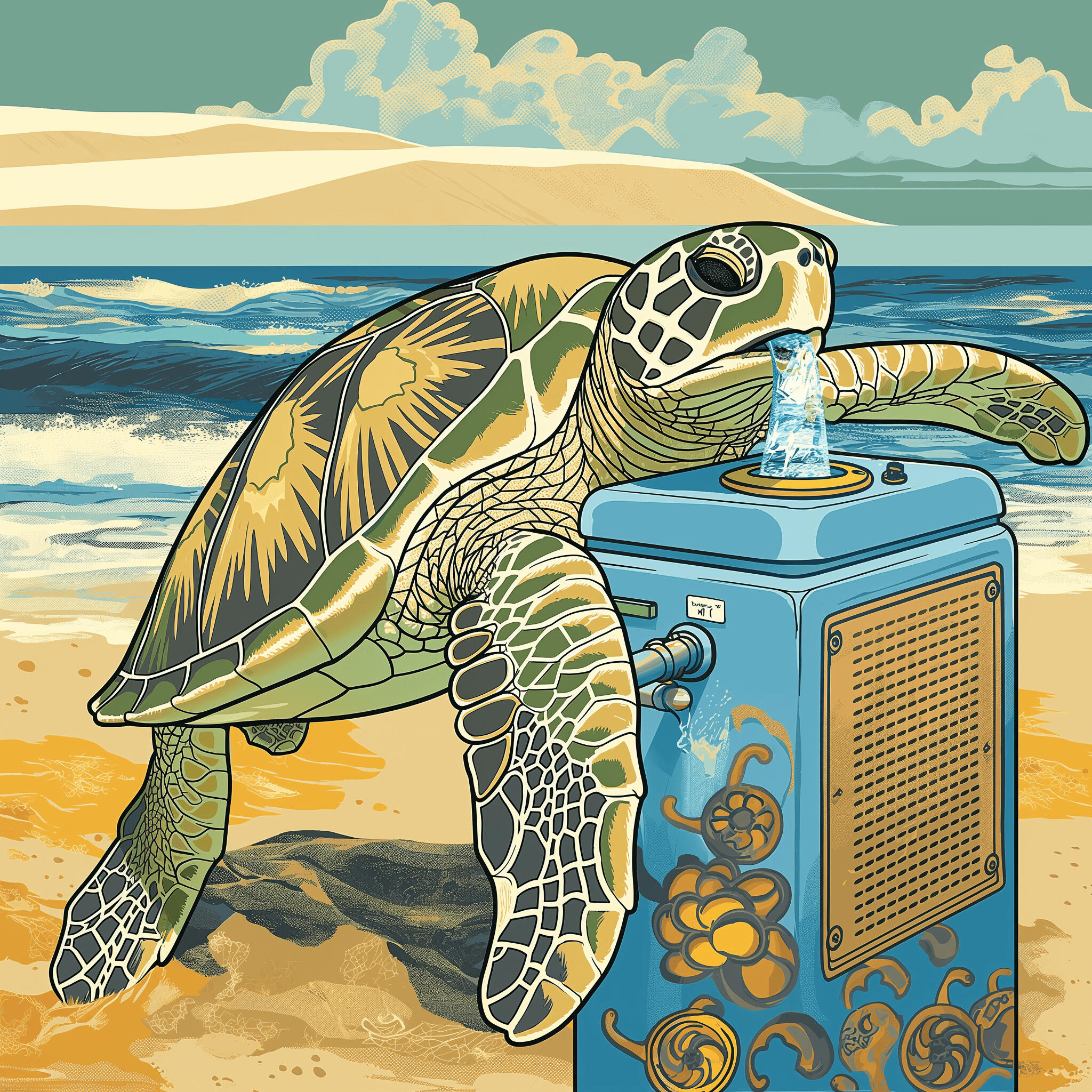 Dehydrated Sea Turtle drinking from a water fountain on the beach