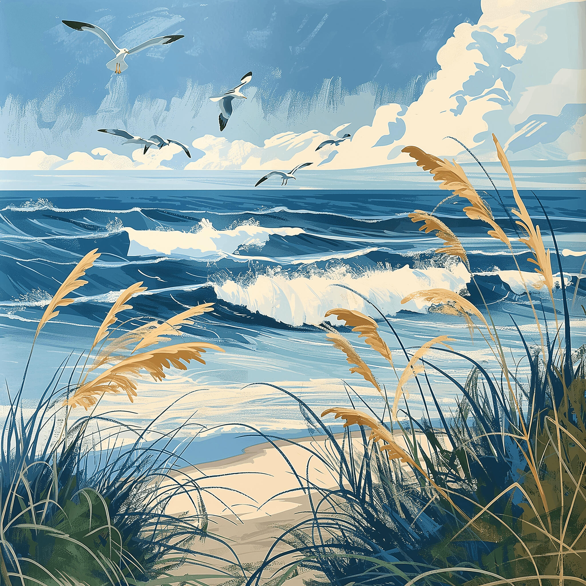 Beautiful beach scene with seagulls diving into rolling waves