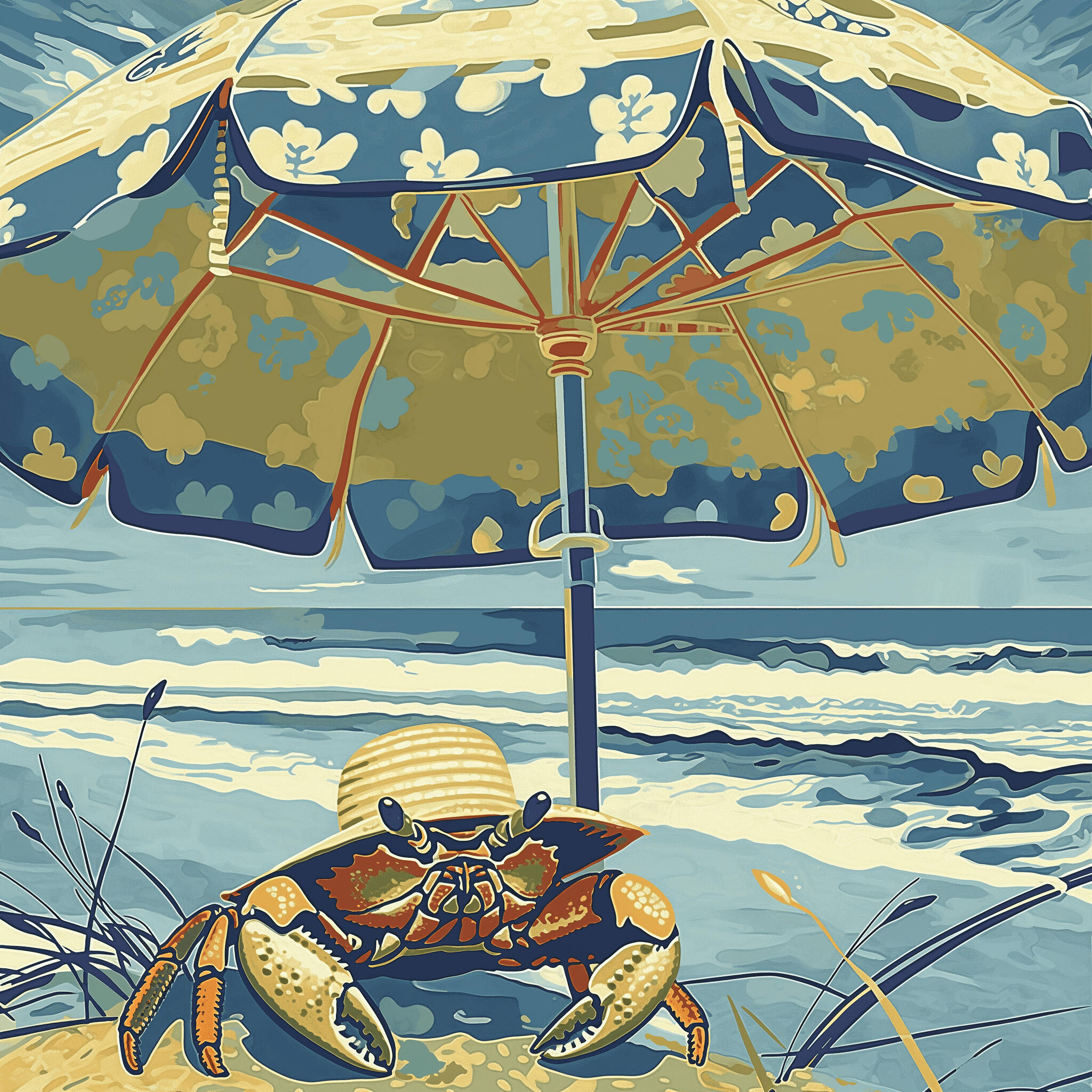 Sand crab lounging on the beach underneath an umbrella wearing a sun hat